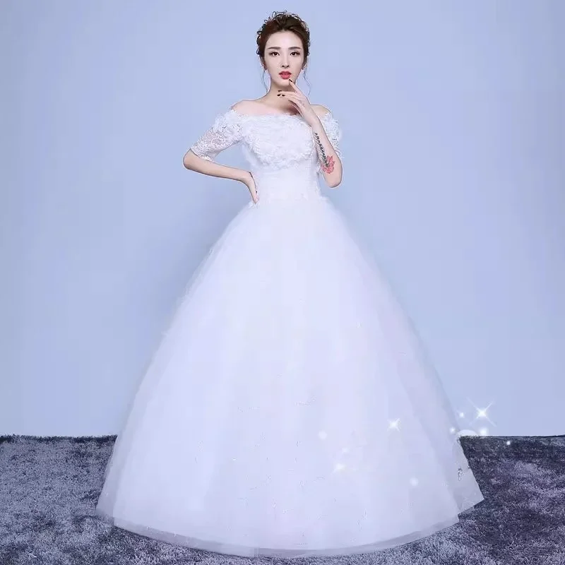 Cheap Wedding Dress Floral Off the Shoulder Half Sleeves Lace up Sequins Princess Floor-lenght Plus size Simple Bride Ball Gowns