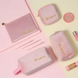 Borsa cosmetica da donna in velluto con cerniera borsa da viaggio grande per il trucco borsa per la conservazione del rossetto con cerniera in tinta unita borsa per l'organizzatore del trucco femminile