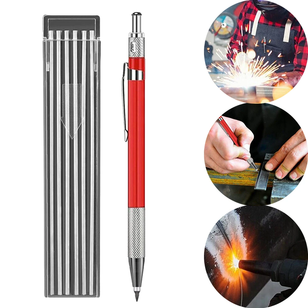 Welding Pencil With 12PCS Silver Streak Refills Mechanical Metal Marker  Welding Fabrication Red Equipment Accessories