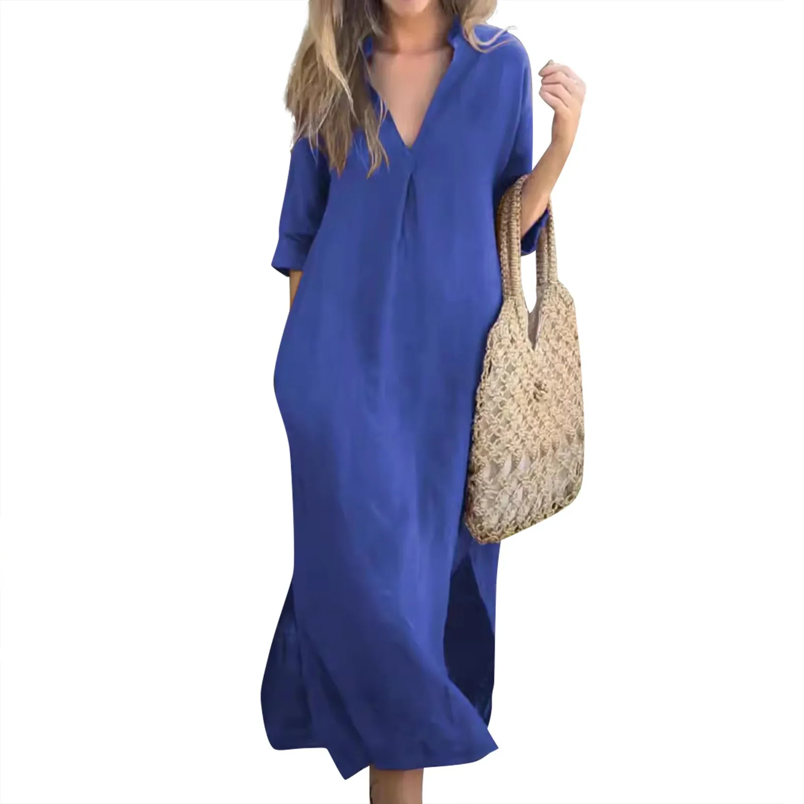 فستان نسائي فضفاض برقبة على شكل حرف V ، فتحة جانبية على كلا الجانبين ، فستان جيب بثنيات على الصدر ، رحلة يومية ، عطلة ترفيهية ، كم ، جديد