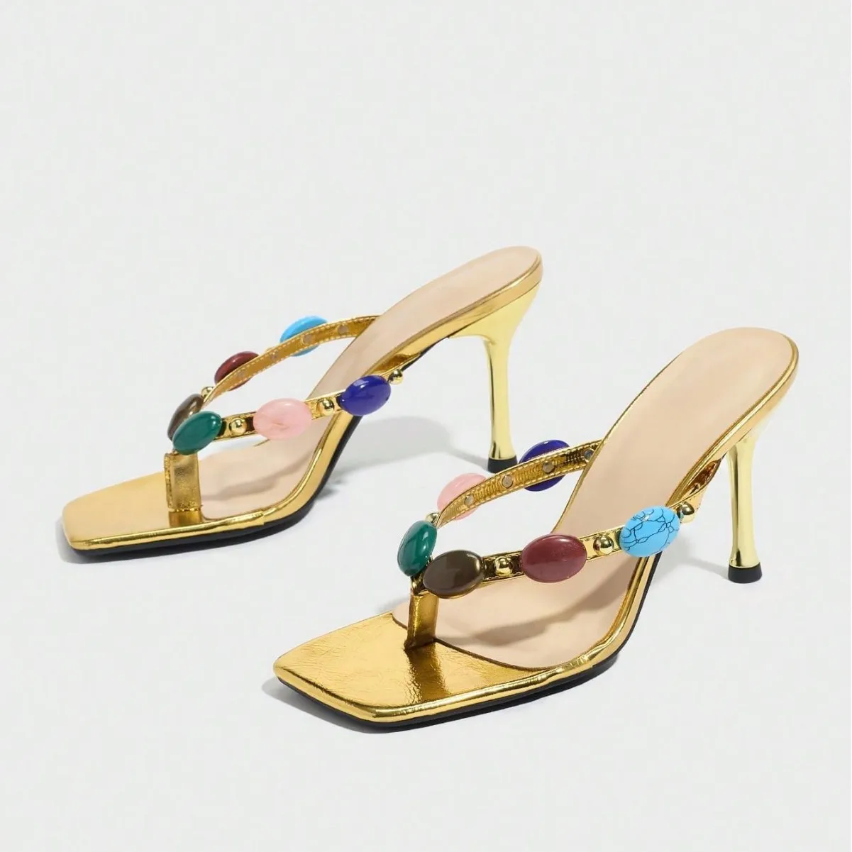 

2026 женские босоножки-мюли на высоком каблуке-шпильке с золотым металлическим носком и разноцветными камнями, женская летняя обувь Q-726