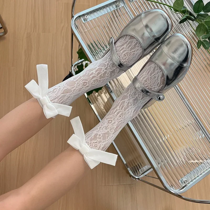 Women Sexy Velvet Bow Fish Net Nylon Socks White Designer Floral BowKnot French Lace Mid Tube Stacked Sock Uniform JK Mesh Socks