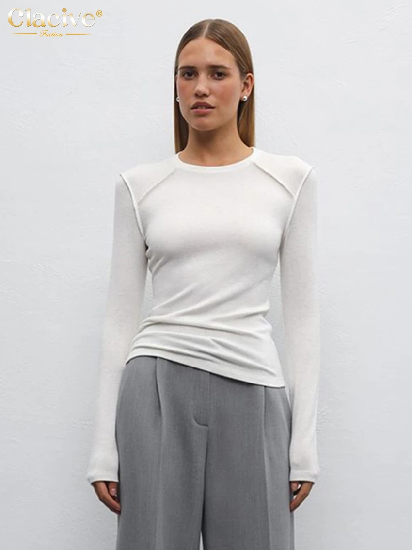 

Clacive Bodycon White Knitted Women's T Shirt 2025 Fashion O-Neck Long Sleeve T-Shirts Elegant Simple Solid Top Female Clothing