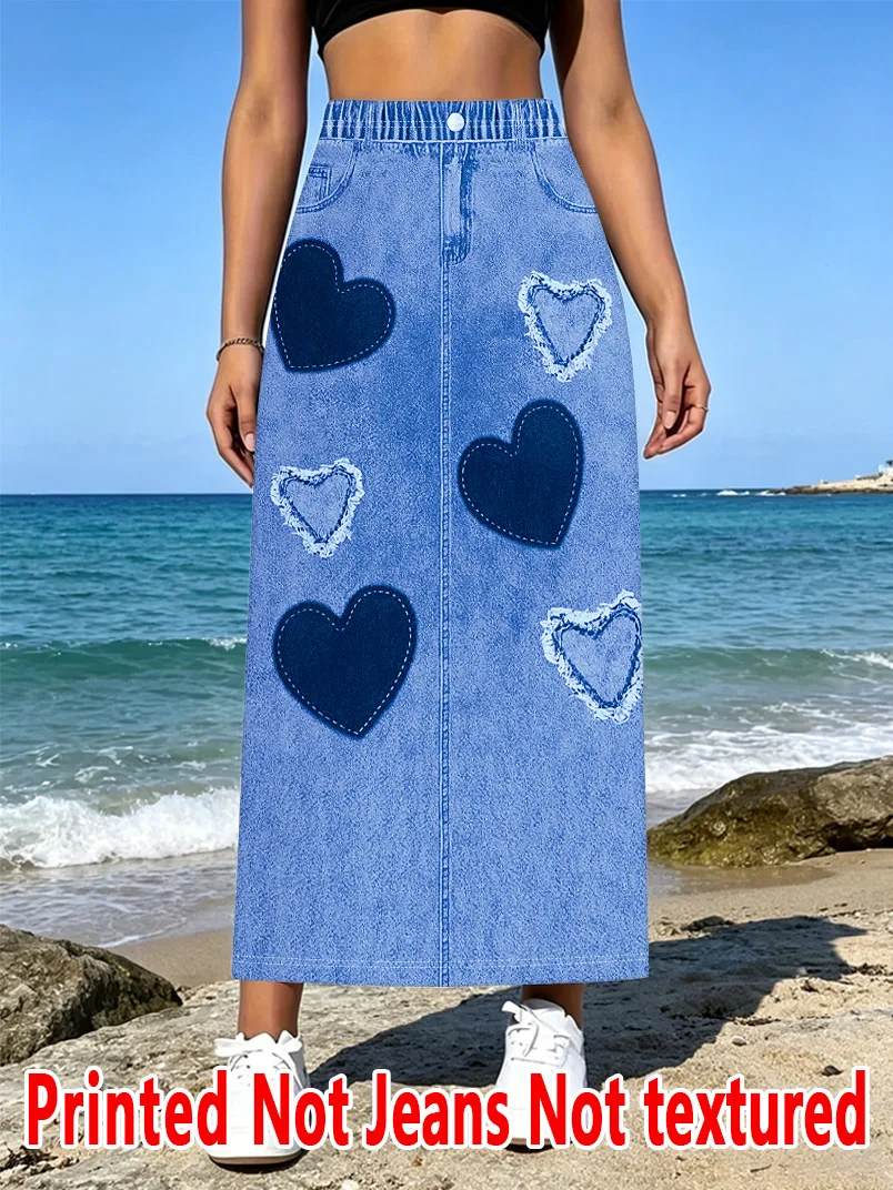 

3533 American Style Printed Skirt, Imitation Faux Denim Print - Non Denim Fabric, Casual Women's Knitted Skirt, All-Season Wear