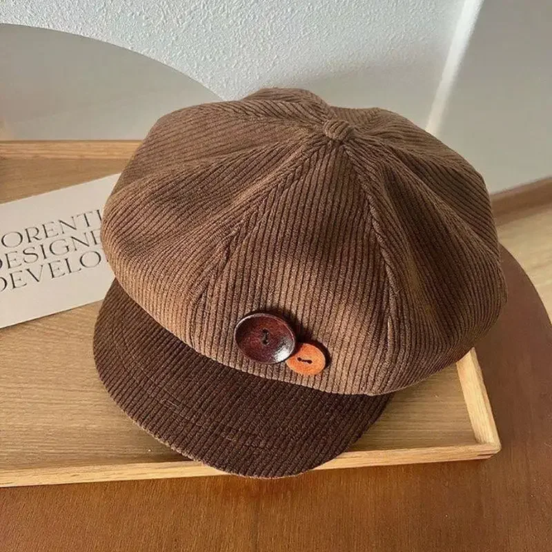 Vintage Corduroy Beret Hat For Women Korean Button Octagonal Cap Autumn Winter Painter Artist Hats Japanese Brown Peaked Caps