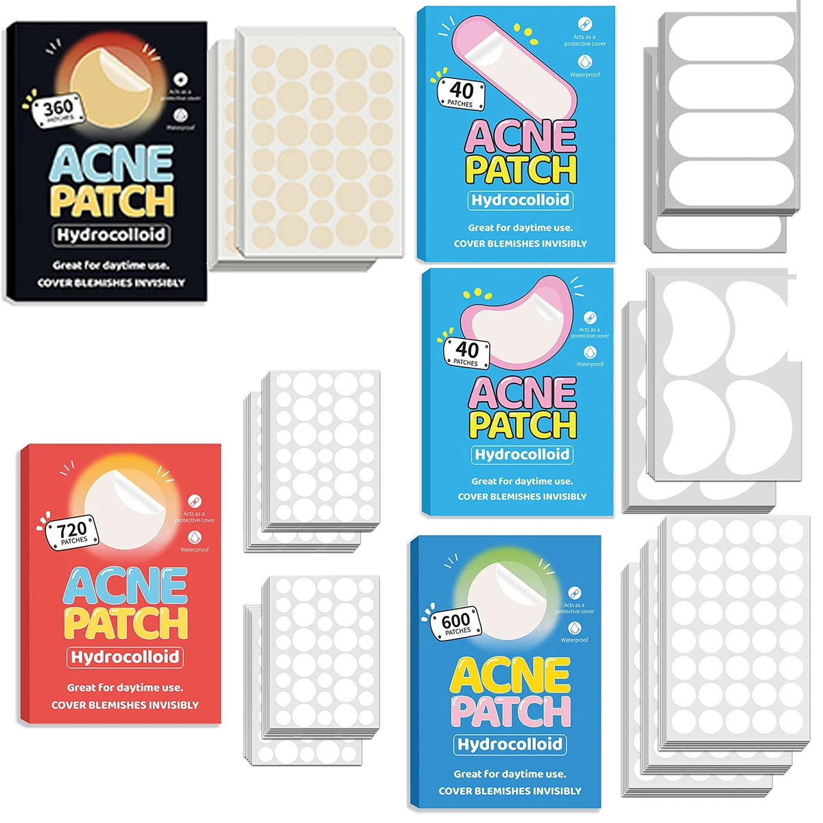 Parches hidrocoloides invisibles de 40/360/600/720 recuentos para cubrir granos y imperfecciones, parches para espinillas de acné para pegatinas de manchas faciales