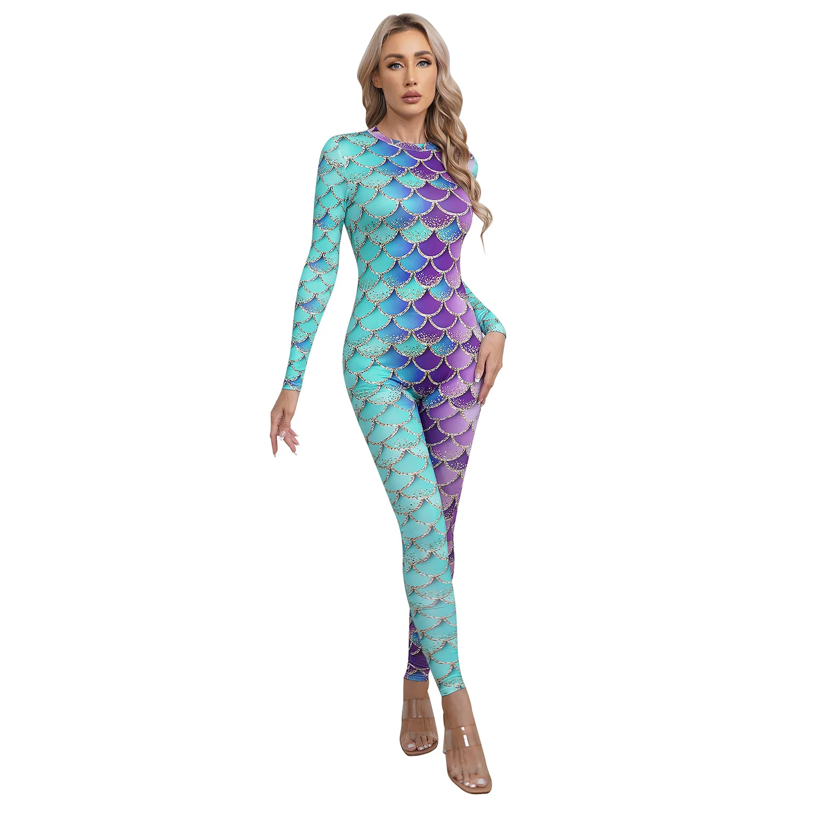 Women Halloween Theme Party Mermaid Cosplay performance Costume Long Sleeve Zipper Fish Scale Print Jumpsuit Bodysuit Swimsuit