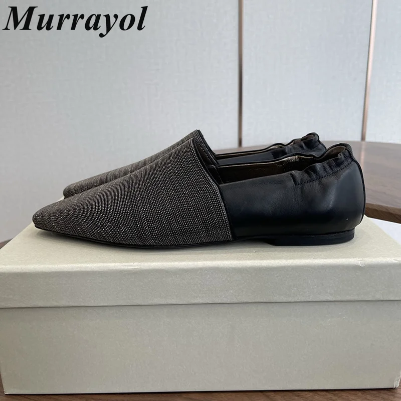 Lazy Loafers Pointed Toe Deep Mouth Metal String Bead Decor Flat Shoes Women Genuine Leather Spring Office Commuting Shoes