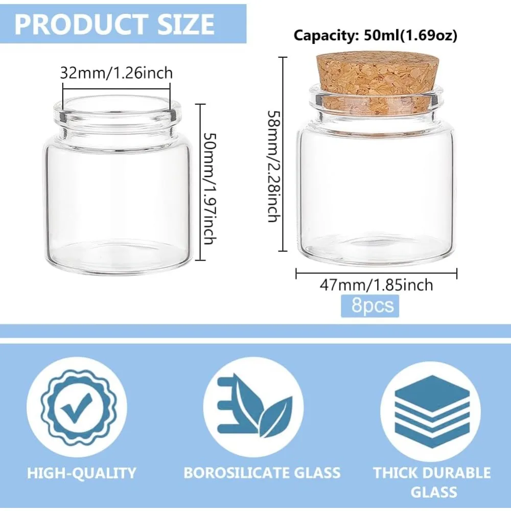 8Pcs 50ml/1.7oz Mini Glass Bottles with Cork Stoppers Wish Bottles Message Bottles for Wedding Party Supplies DIY making kit