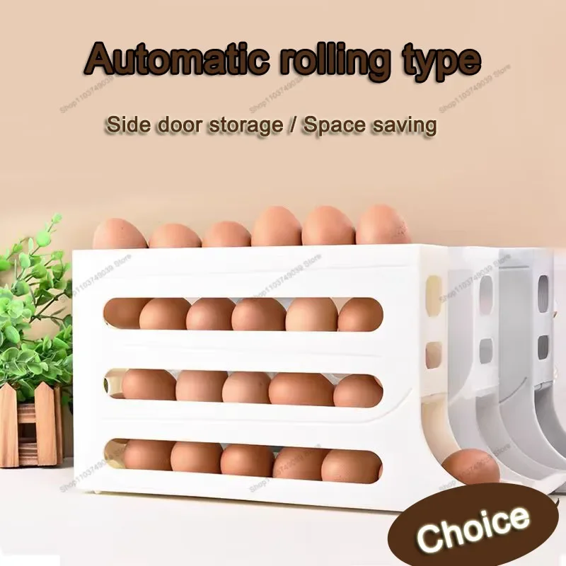 Caja de almacenamiento de huevos rodantes automática para el hogar, estante de preservación de huevos, puerta lateral, refrigerador de cocina, 30