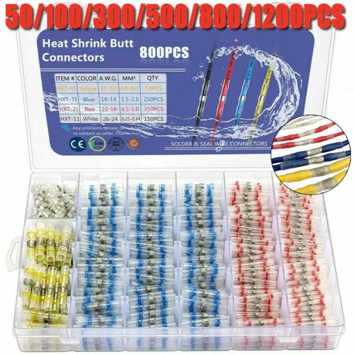 Conectores de alambre de sellado de soldadura a prueba de agua, terminales de crimpado a tope termorretráctiles, empalme de Cable eléctrico para automoción marina, 50-1200 piezas