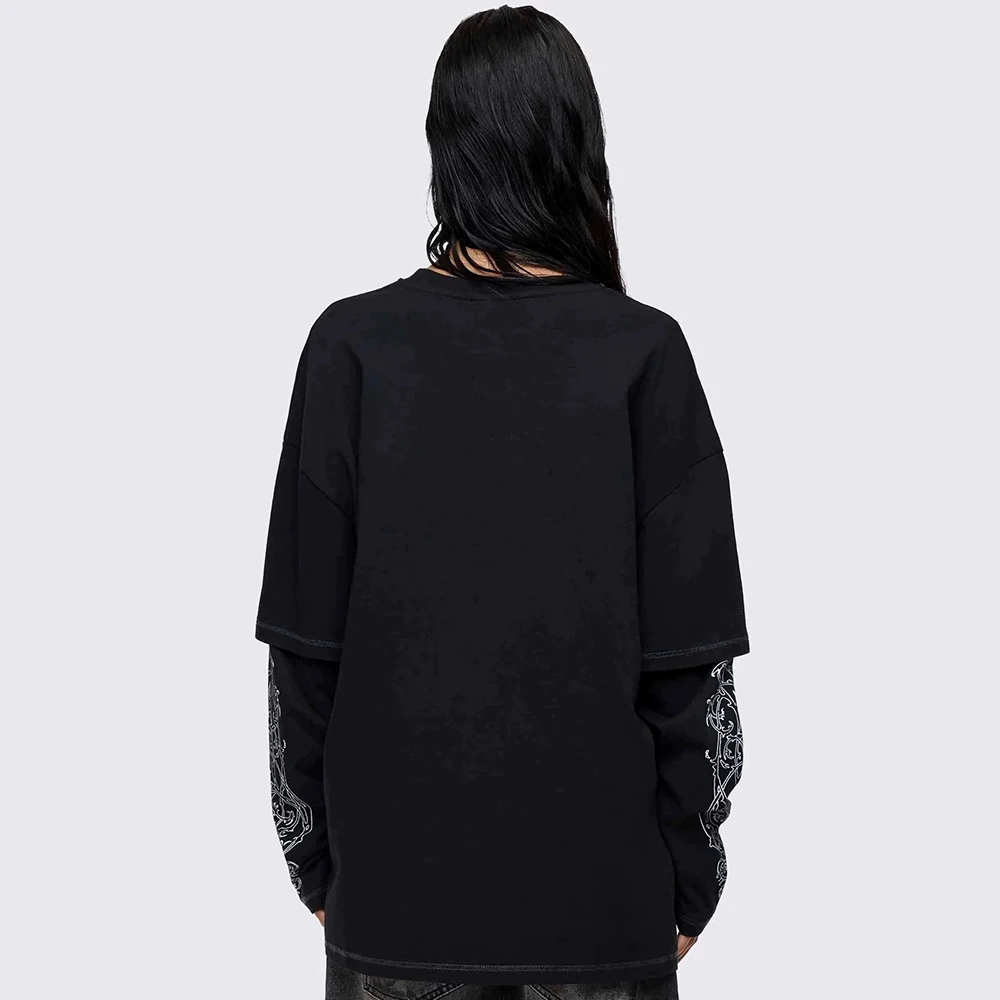 Women Y2K Gothic Fake Two Piece Long Sleeve T-shirt Vintage Angel Print Oversized Streetwear Tops