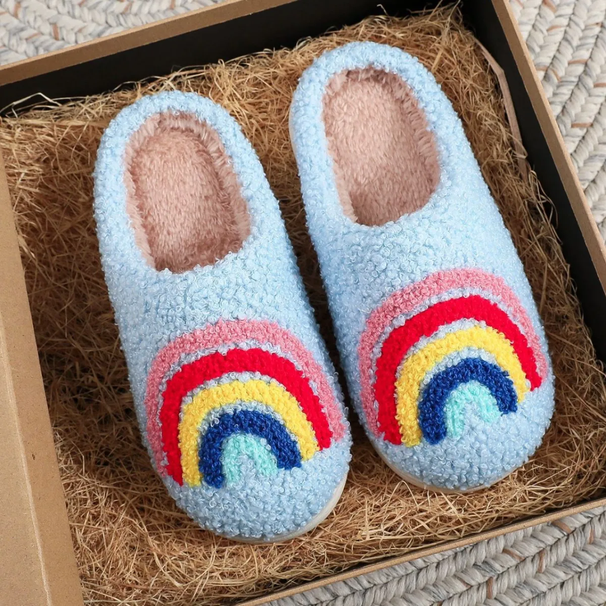 2026 Winter Regenbogen-Print Kinder Mädchen Jungen Hausschuhe Indoor Weiche Rutschfeste Paar-Hausschuhe Warme Plüsch-Flachpantoffeln Erwachsene Niedliche Schuhe – Detail 12