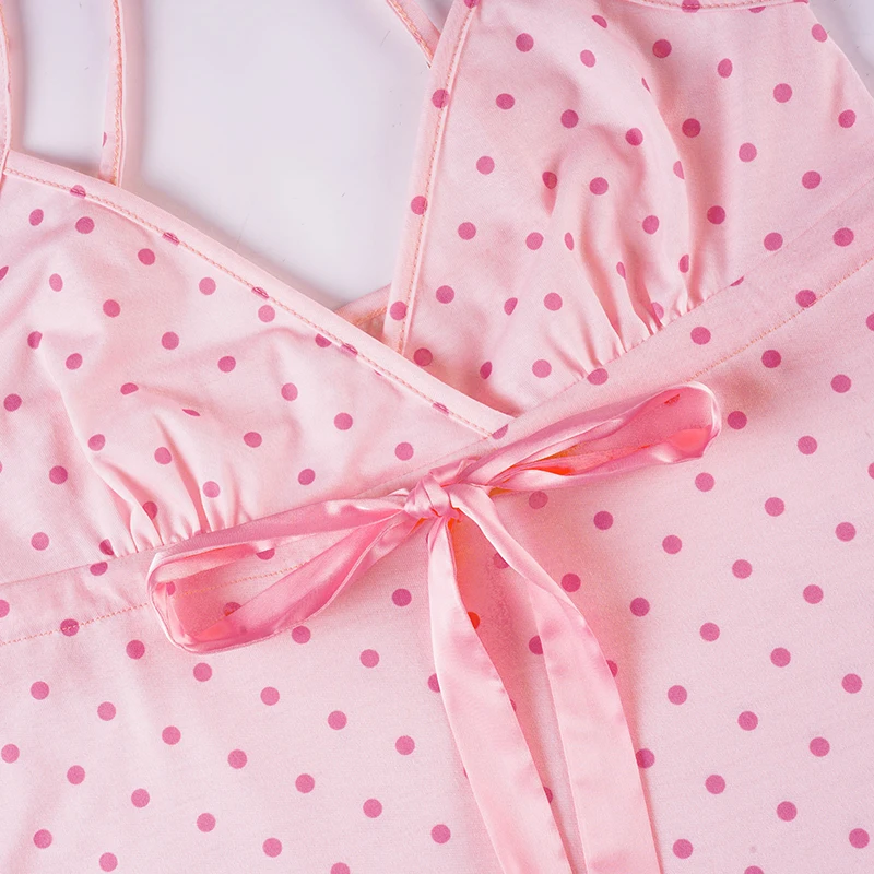 SUCHCUTE Chic Süße Nette Polka Dot Print Bogen Spitze-up Leibchen Frauen V-ausschnitt Ärmel Crop Top Y2k Streetwear schlank Tanks Sommer – Detail 9