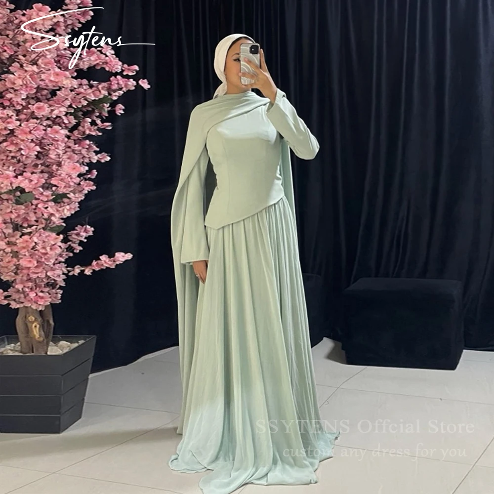 

SSYTENS Elegant Customized Evening Dresses Green Muslim Formal Dresses Satin Arabia Saudi Long Sleeves Evening Gowns Party Dress