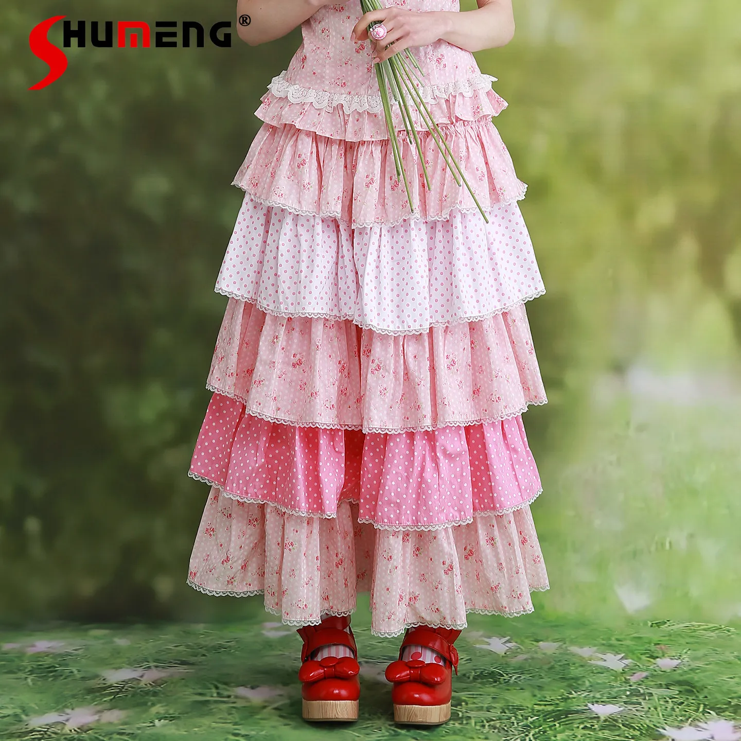 

Original Japanese Retro Cute Girls Long Skirt Summer Women's Lolita Pink Polka Dot Cake Skirt Lace Splicing Short-sleeved Shirts