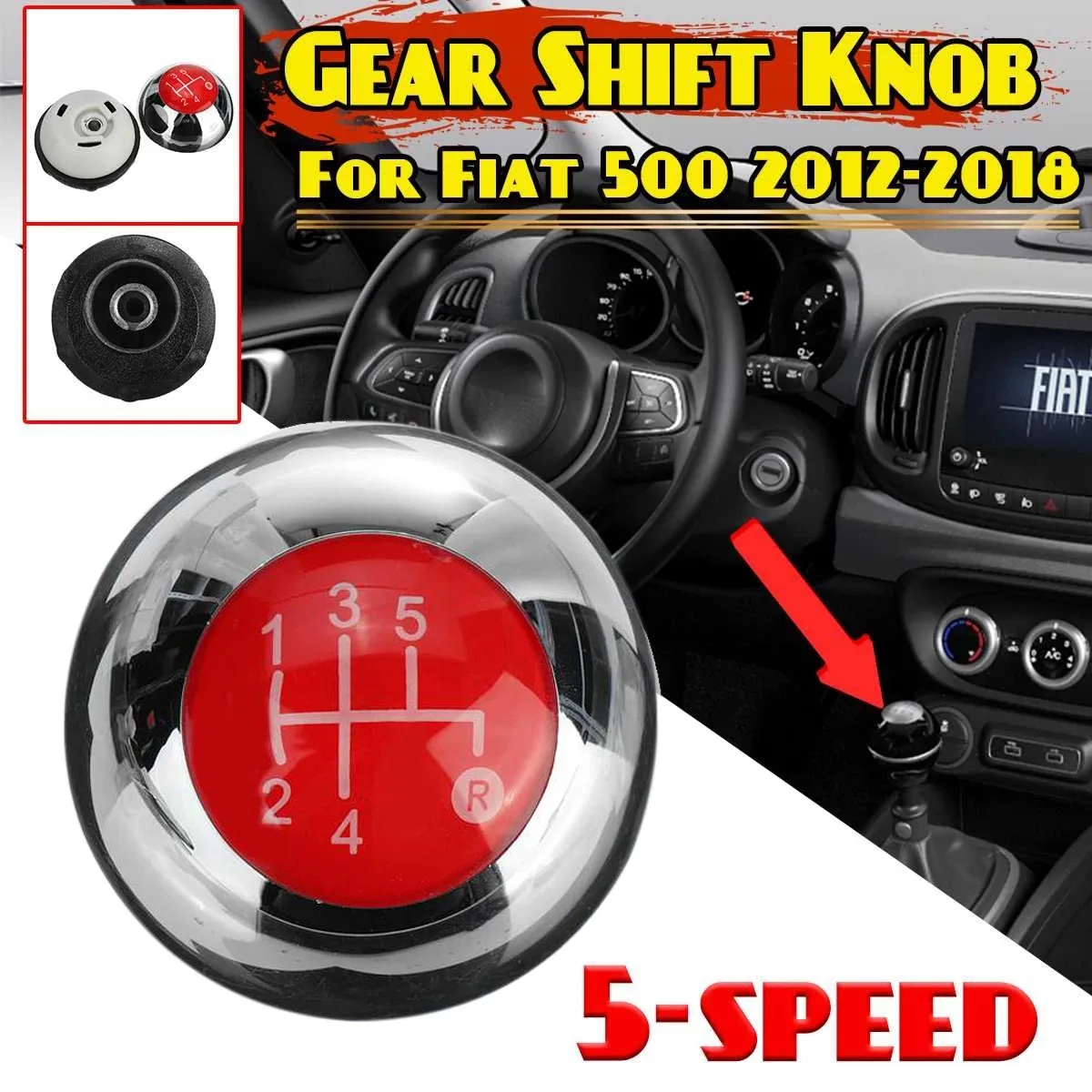 5 Speed Gear Shift Knob Shift Transmission Lever Knob Manual for Fiat 500 2012-2018 Chrome+Red 55344048