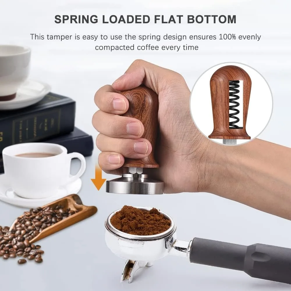 51mm Diameter Espresso Tamper Set Spring Loaded Calibrated Design Coffee Stirrer Set Stainless Steel Base Wooden Handle