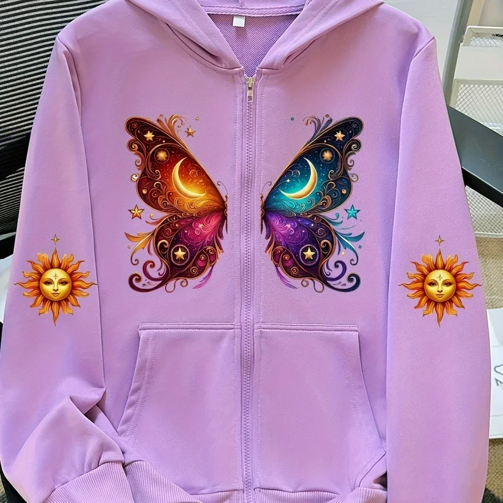 Boys Girls Celestial Sun Face Moon Butterfly Printed Zip Hooded Coat Galaxy Star Pattern Long Sleeve Kids Fashion Outerwear
