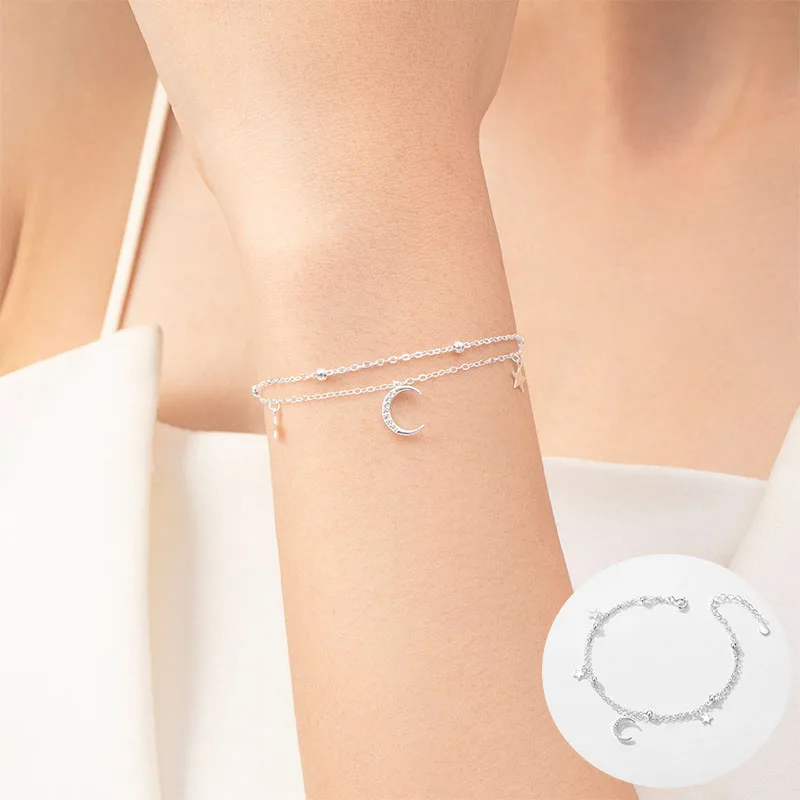 

100% 925 Sterling Silver Zircon Moon Bracelet for Woman Girl Fashion Star Double Layered Design Jewelry Party Gift Dropshipping