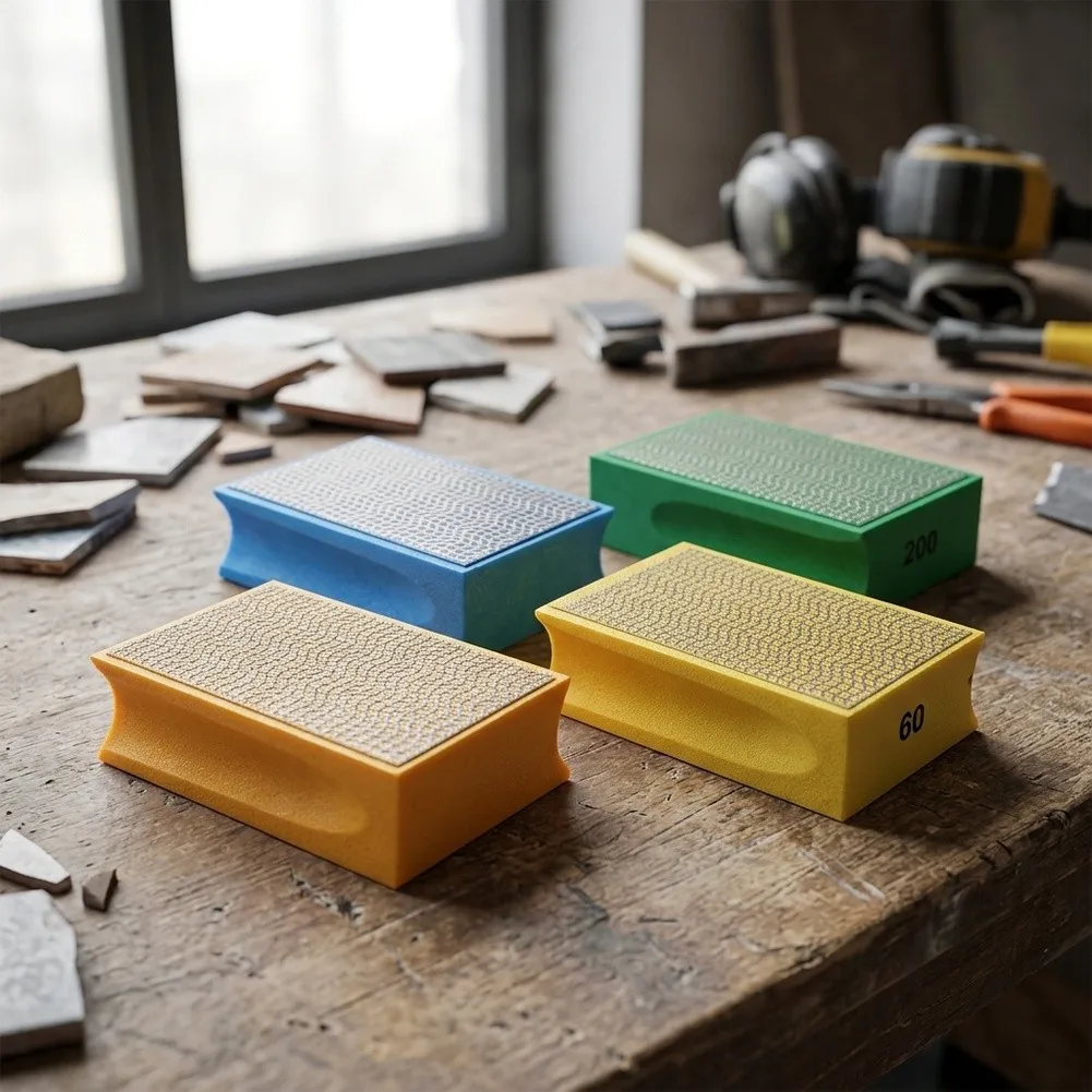 Polishing sanding block with high resistance abrasive pads for handheld use on for tile glass wood marble metal materials