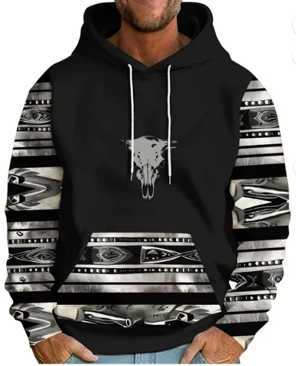 

Повседневная толстовка с капюшоном, толстовка с этническим геометрическим 3D принтом, ковбойская толстовка с капюшоном и длинными рукавами, пуловер большого размера, мужские толстовки