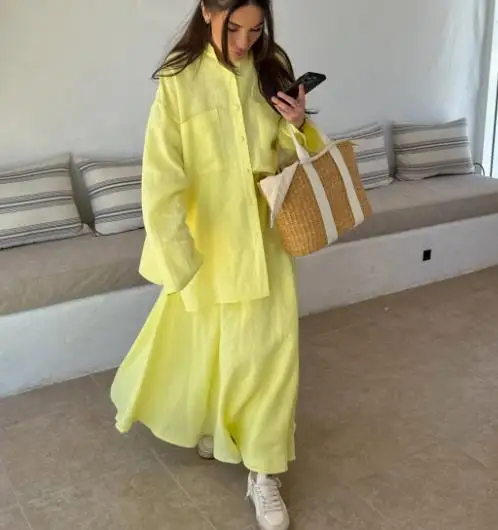 

Women's clothing 2025 autumn and winter new fashion casual loose long sleeved shirt half skirt yellow fashion set