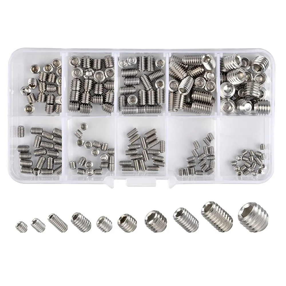 AXK 200Pcs Allen Head Socket Hex Set Grub Screw Assortment Cup Point Stainless Steel M3/M4/M5/M6/M8 With Plastic Box