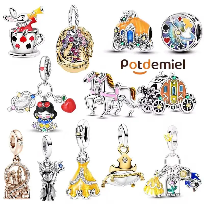 Potdemiel Disney Silver 925 Charms Beads Princess Skirt Pumpkin Carriage Fairy Tale Fit Bracelet Pendant DIY For Woman's Jewelry