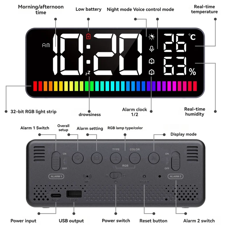 

Promotion! LED Alarm Clock Spectrum Pickup Electronic Clock Temperature & Humidity & Snooze Function 12/24Hr Brightness
