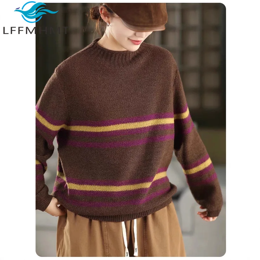 Women's Sweater for Winter Good Quality Vintage Style Striped Patchwork Long Sleeve Half-turtleneck Warm Loose Casual Knitwear