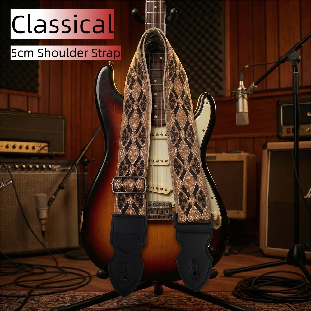 5cm Width Universal Adjustable Guitar Strap Vintage Shoulder Strap for Acoustic Guitar Electric Bass Guitar Ukulele Instruments