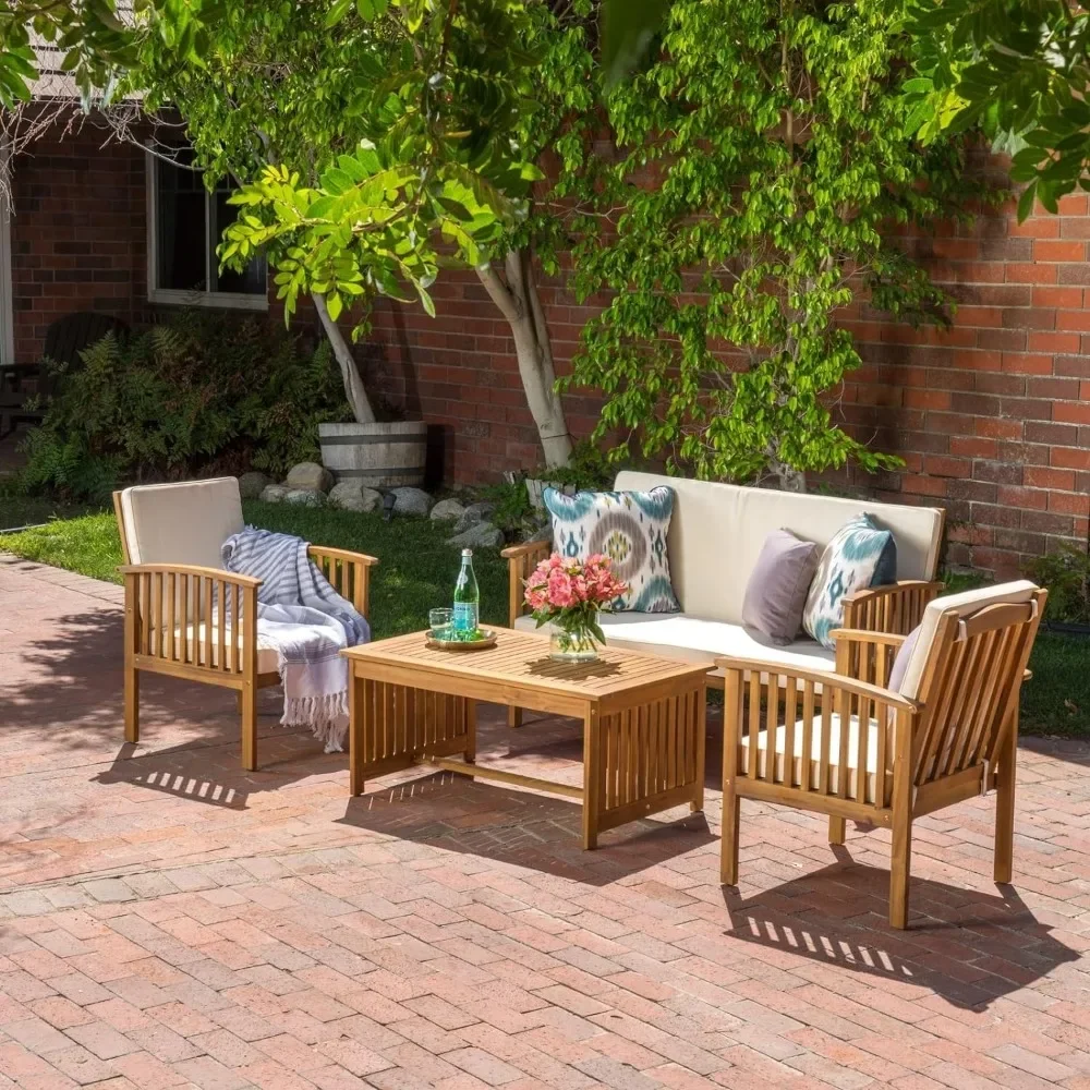 

4PC Outdoor Chat Set - All Weather Patio Furniture with Coffee Table, 2 Chairs & Ottoman, Perfect for Garden Deck & Porch, Brown