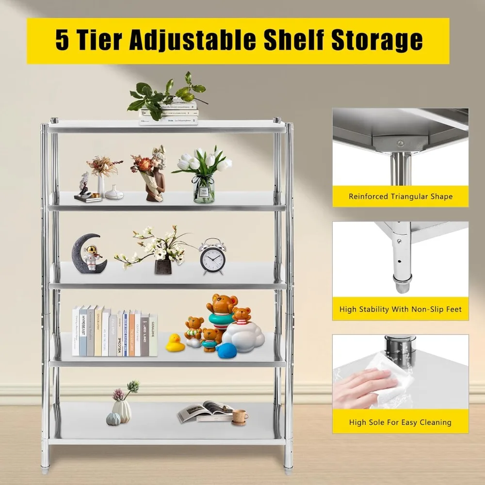 

5 Tier Shelf Adjustable Stainless Steel Shelves Heavy Duty Storage Shelving Adjustable Shelf Storage for Kitchen Office Garage