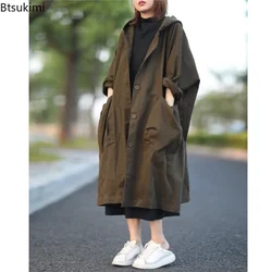 2025 Fashion Korean Style Hooded Jacket for Women Loose Casual Big Pockets Trench Coats Ladies Retro Mid-length Jacket Oversized