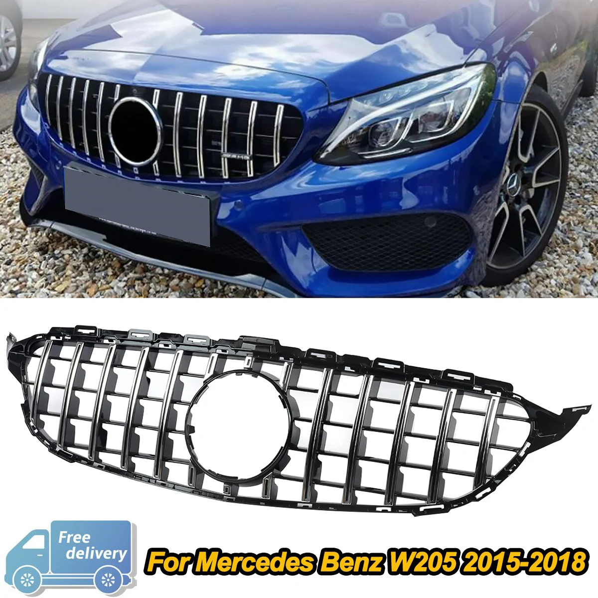 

Chrome Black Grille For Mercedes Benz W205 C250 C300 2015-2018 GT Style Radiator Front Bumper Racing Grill without Camera Hole