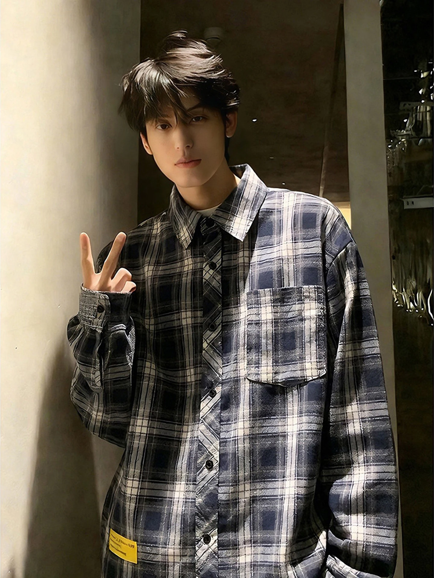 

Мужская рубашка в клетку, классический крой, весенняя коллекция, с высоким воротником, на пуговицах, с длинным рукавом, дышащая, комфортная, из смесового полиэстера и хлопка