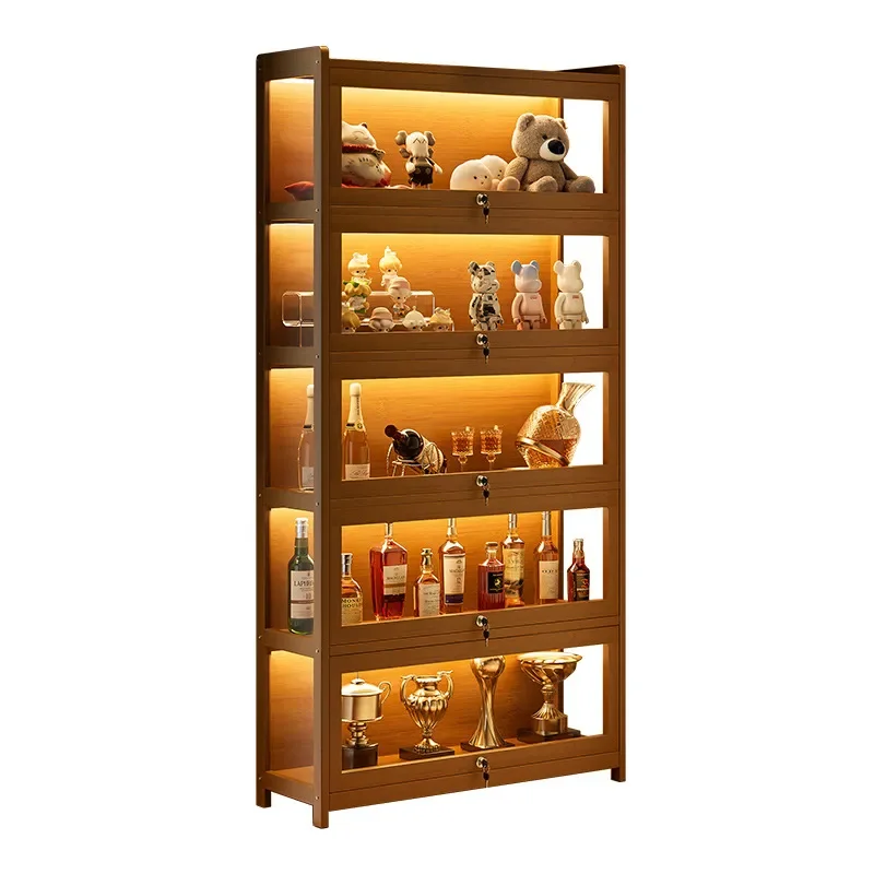 Illuminated Acrylic Display Cabinet with Lock for Lego Figures Trophies Wine Bottles Transparent Showcase Stand Ornament