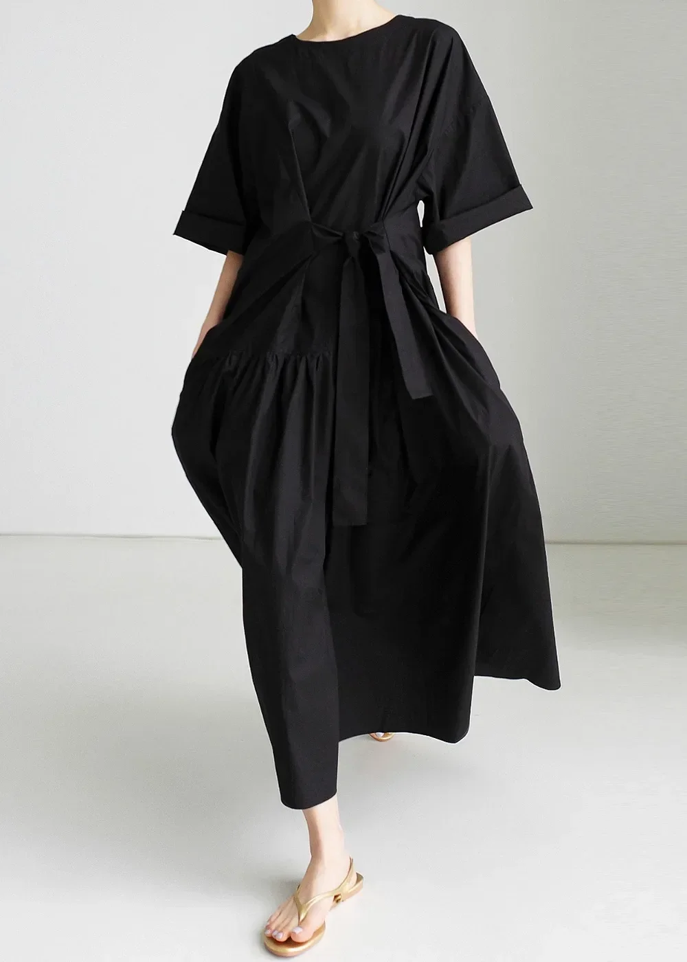 ゆったり大きいサイズロング膝丈ラウンドネックオーバーヘッドドレス 2025 学生ボウノットドレスフェミニンエレガントなスタイル