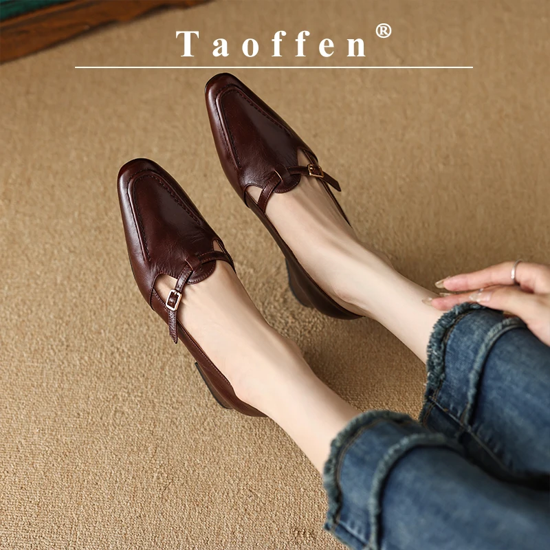 Taoffen Casual Women\'s Loafers Genuine Leather Square Heel Pumps Retro Roman Pointed toe Buckle Strap Office & Career Lady Shoes