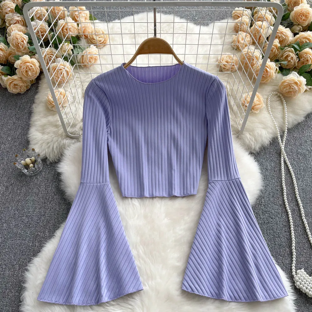 

Chic flare sleeve O-Neck Pleated Blouse Slim Sexy Hotsweet Shirt Women Streetwear Korean Fashion Crop Top Y2k