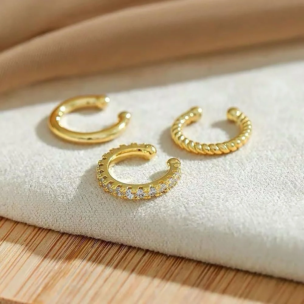 3Pcs/Set Fashion Gold Color Crystal Clip Earrings for Women Girls Minimalist Metal C-shaped Fake Piercing Ear Cuff Ear Jewelry - view 4