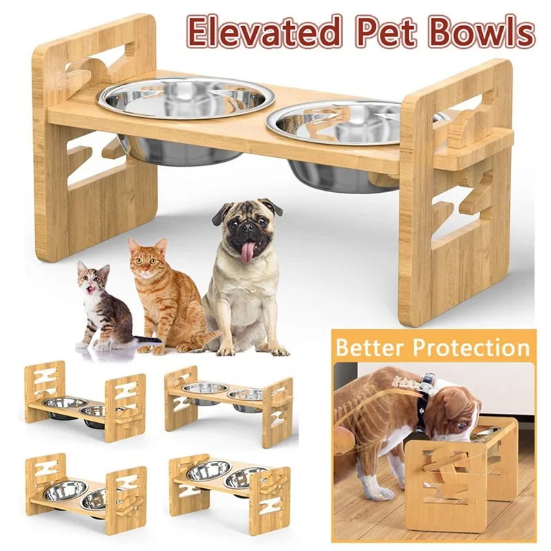 Bamboo Elevated Dog Bowls with Stand Adjustable Raised Puppy Cat Food Water Bowls Holder Rabbit Feeder for Small Medium Pet Dog