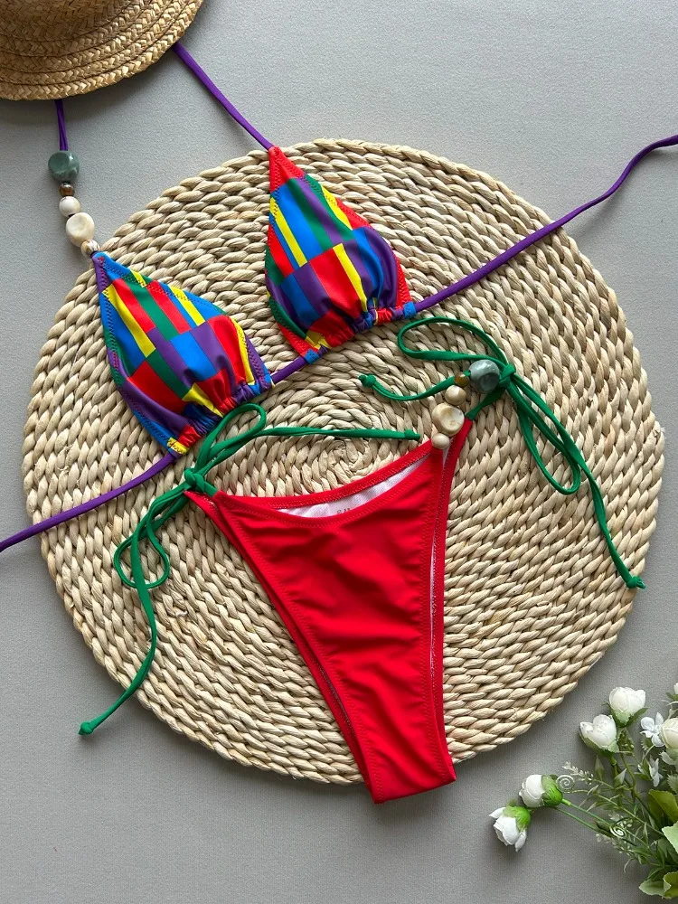 Sexy zwart wit gestreepte micro bikini set voor dames 2025, nieuwe push-up kraal string riem geplooide string vakantie badmode