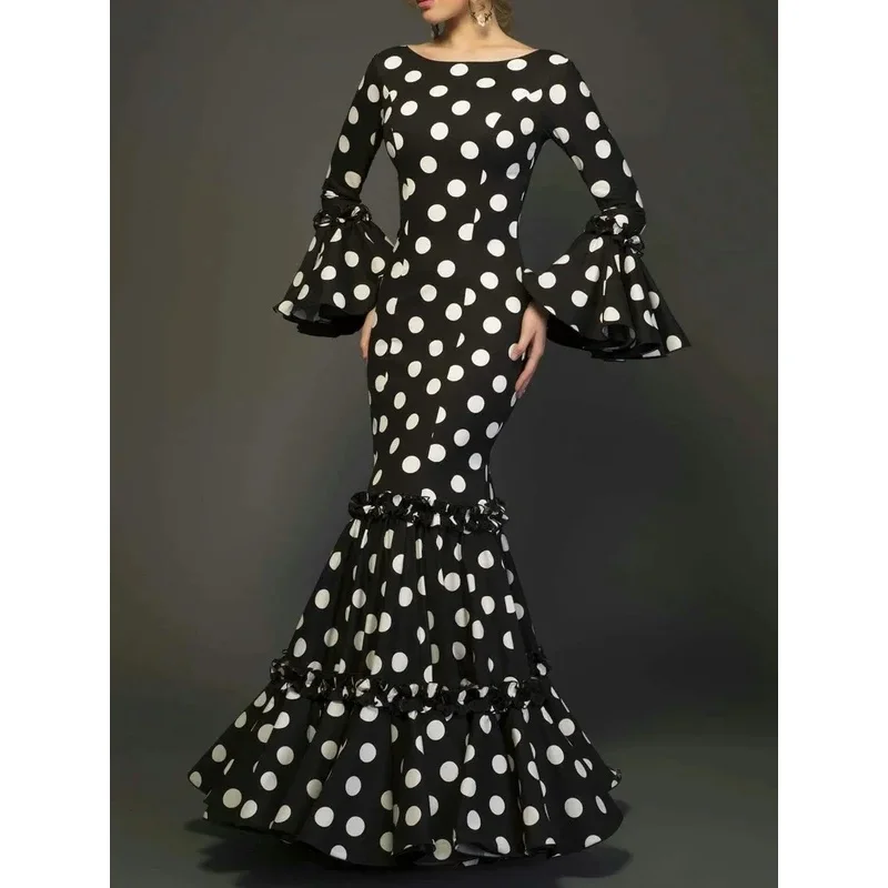 elegant-ladies-dress-fashionable-trumpet-sleeves-polka-dot-decoration-cascading-ruffle-hem-sexy-fishtail-ladies-evening-dress