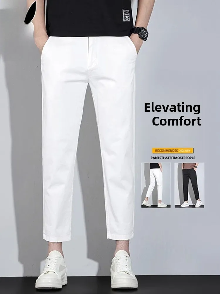 

White Slim Fit Casual Pants Men's Trendy Spring Nine Points M Model Leisure Cotton Polyester Elastic Fiber Anti-Wrinkle