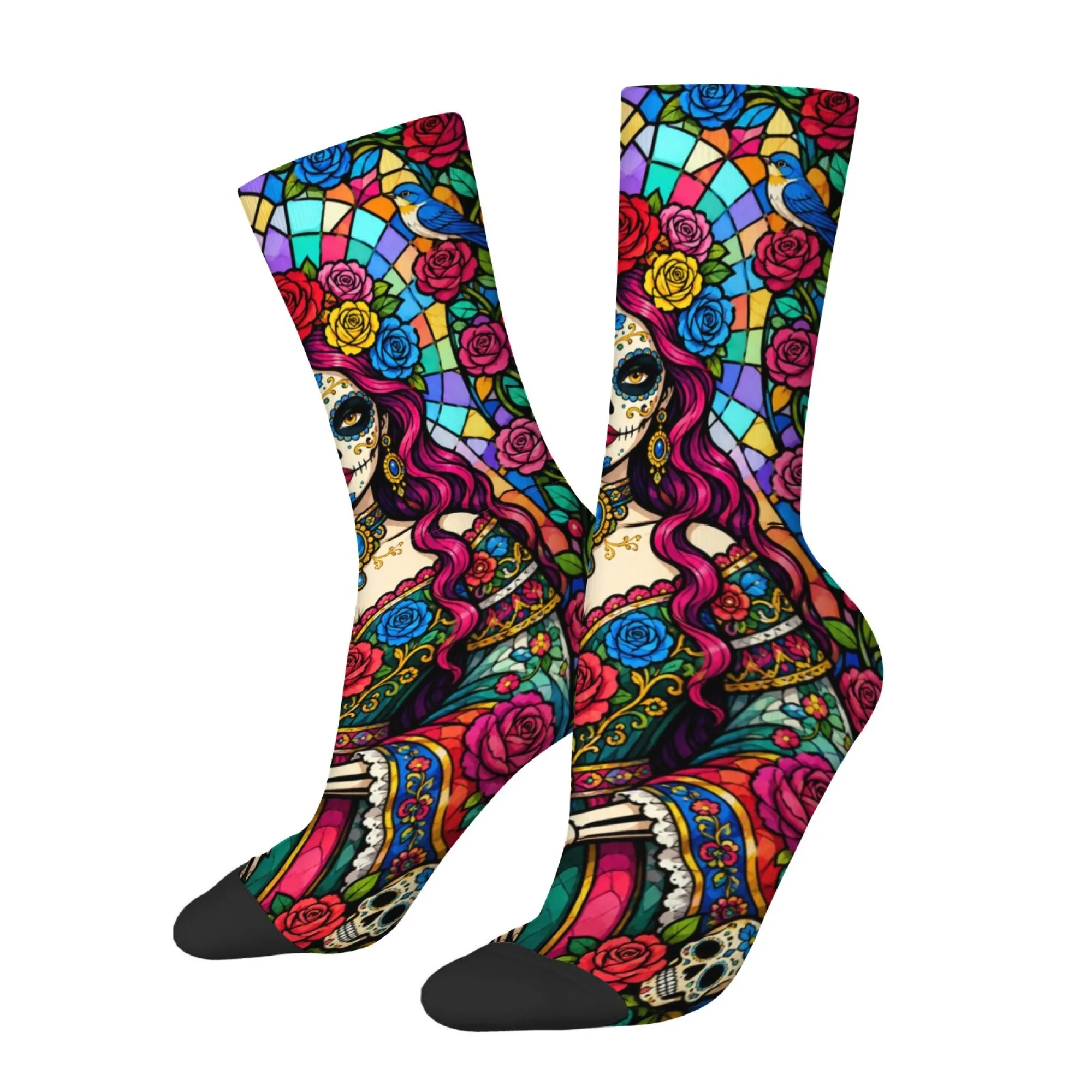 Floral Church Sugar Skull Girl Print Men's Socks Skin-friendly Breathable Comfortable Socks Quirky Novel Outdoor Cycling Socks