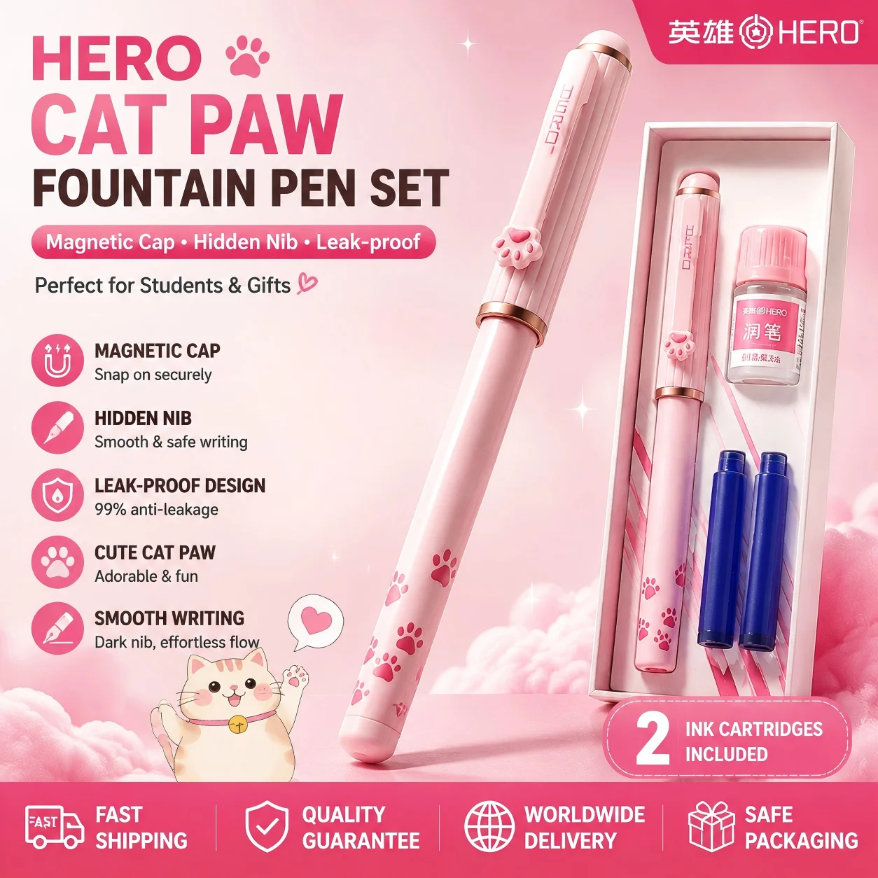 Stylo plume HERO P360M à pointe dissimulée 0,38 mm EF, pointe en iridium, poignée métallique, capuchon magnétique, clip griffe de chat, effaçable à la chaleur, séchage rapide