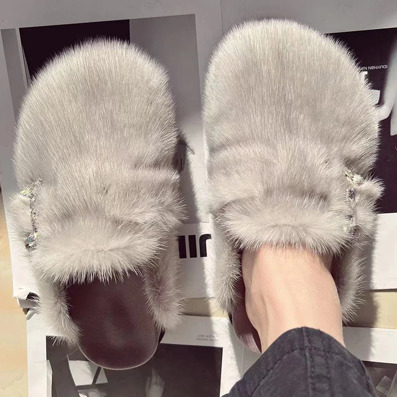 Real Fur Slippers Cork Footbed Clogs For Women Fashion Mink Fur Mules Comfort Shies With Arch Support Lndoor Outdoor Flat Slides