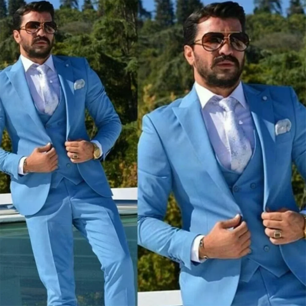 

High-end Blue Suits for Men Single Breasted 3 Pieces Jacket Pants Vest Blazers Sets Male Banquet Business Wedding Clothing